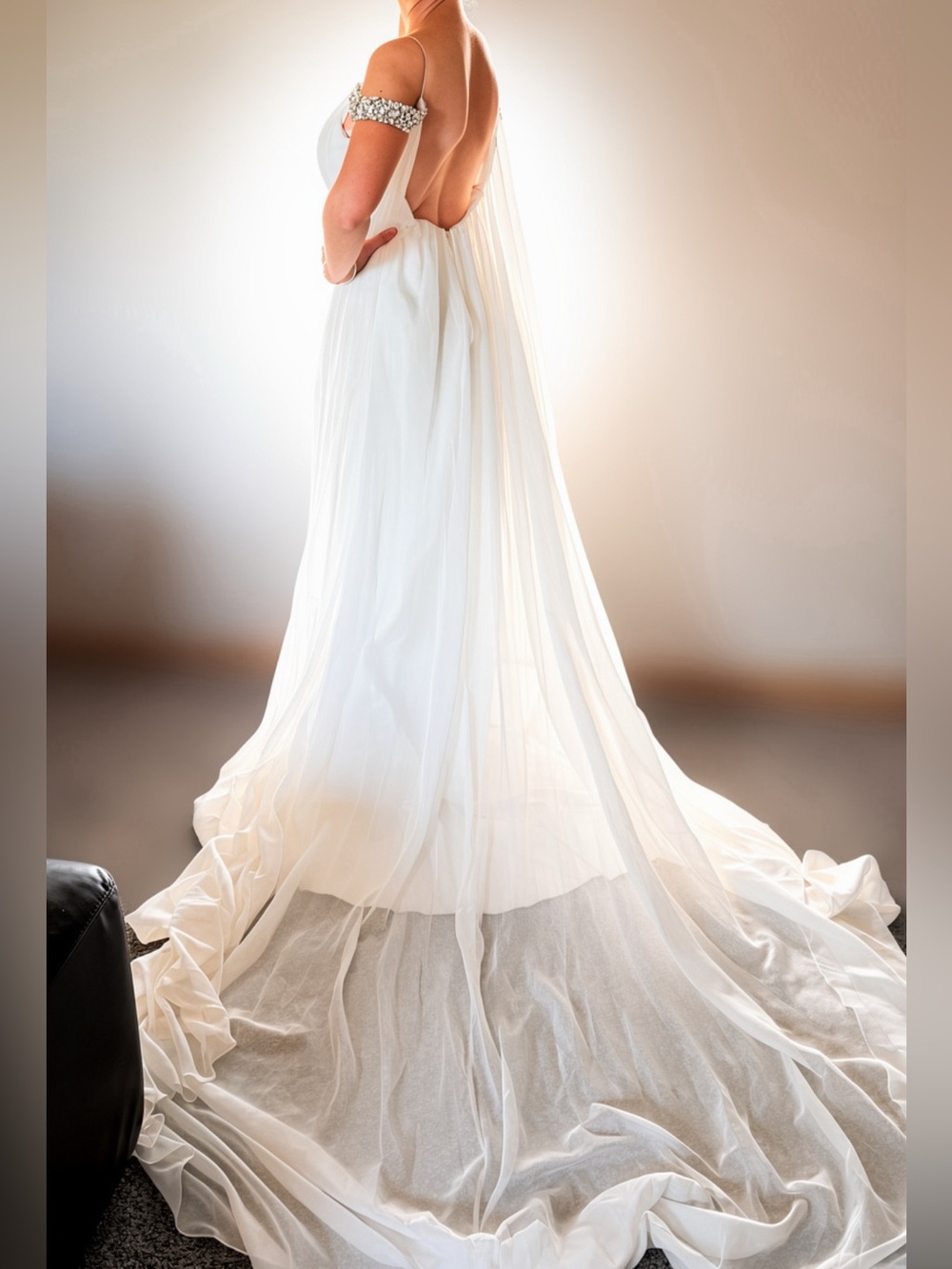 Sherri Hill White Evening Gown with Beaded Accents and Cape - Picture 2 of 3